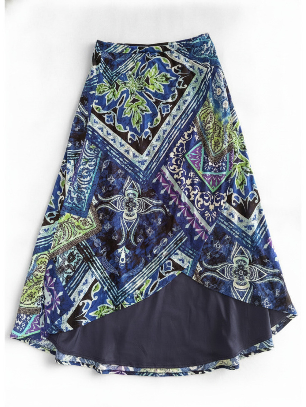 Chico's Size 0 Blue Multi Floral & Geometric Print Polyester Spandex Midi Skirt
